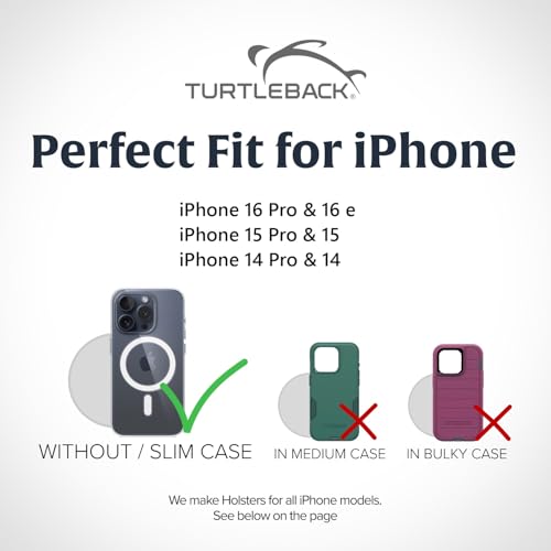 Turtleback Belt Clip for iPhone 16 Pro, 16e, 15 pro 14 Pro 13 Pro -Small- Fits w/Slim MagSafe Style Cases - Premium Black Leather, Vertical Belt Holder, Magnetic Closure, HD Rotating Belt Clip - color: Vertical - Leather w/ Metal Clip, size: Small
