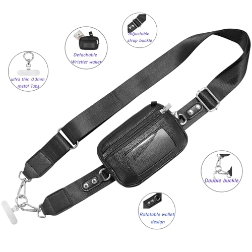 Clip and Go strap for phone with Leather Wallet crossbody phone - color: Black