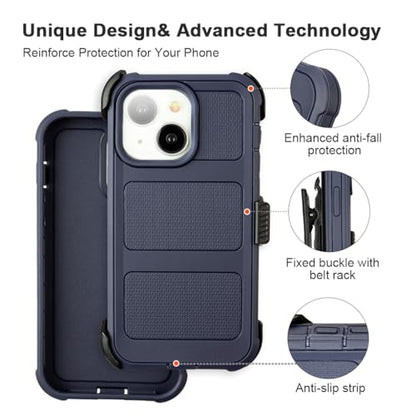 for Defender Case iPhone 13 Phone Case with Belt Clip Heavy Duty Navy Blue | Protective iPhone13 Cases Kickstand Rugged with 2 Layers of Sturdy, Shockproof Phone Cover for iPhone 13 Case Black 6.1 inch - color: Navy Blue