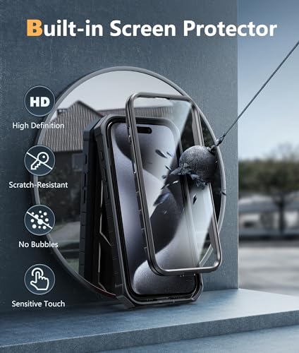 FNTCASE for iPhone 15 Pro Max Case, Built-in Screen Protector, Kickstand | Military-Grade Drop Protection, Anti-Slip Matte Textured, Rugged Heavy Duty Shockproof TPU Protective Cover - color: Black