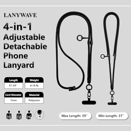 4-in-1 Phone Lanyard, Crossbody, Neck, Wrist & Finger Strap - color: Black