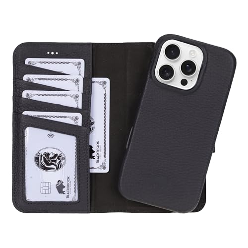 BLACKBROOK Case for iPhone 16 Pro Wallet Case with Card Holder, Full Grain Leather, Detachable 2-in-1 Set for MagSafe, RFID Blocking 4 Card Slots, Flip Phone Case Compatible with iPhone 16 Pro - color: Pebble Black, size: iPhone 16 Pro