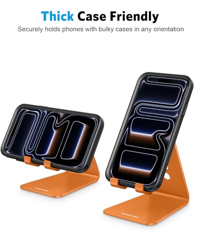 OMOTON Adjustable Cell Phone Stand, Aluminum Desktop Cellphone Stand with Anti-Slip Base and Convenient Charging Port, Fits All Smart Phones, Orange - color: Orange