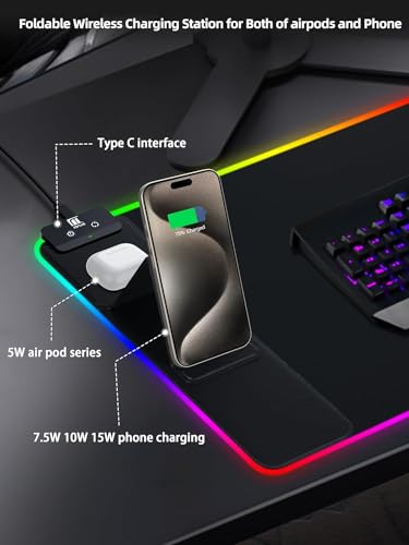 XXL Mouse Pad with Phone Holder - Black, RGB Desk Mat with 15W Fast Charging, LED Gaming Mousepad with 11 Light Colors, Waterproof Non-Slip Pad for Office & Home - color: Black