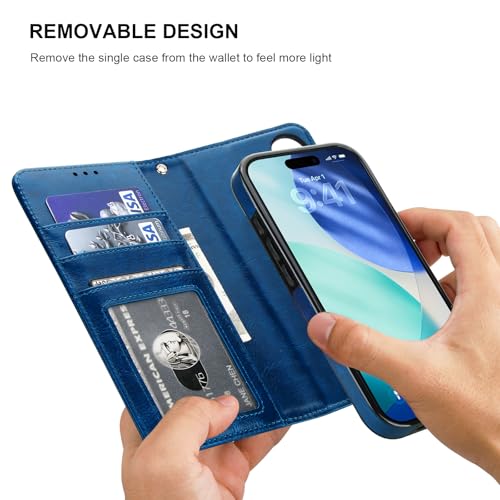 Bocasal Detachable Wallet Case Card Holder for iPhone 17, Blue | RFID Blocking Kickstand Card Slots Holder PU Leather Magnetic Shockproof Wrist Strap Removable Flip Protective Cover 6.3 inch - color: Blue
