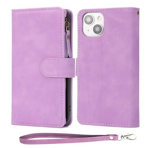 RANYOK Compatible with iPhone 15 Wallet Case with [RFID Blocking] [Zipper Pocket] [Kickstand] [Wrist Strap] PU Leather Wallet Case for iPhone 15 6.1 inch - Purple - color: Purple