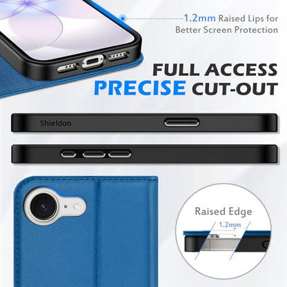 SHIELDON Real Leather Wallet Case for iPhone 17e/16e 6.1", Sapphire Blue | RFID Blocking, Credit Card Holder, Magnetic Closure, Kickstand, Folio Design, Full Protection, Shockproof Phone Cover - color: Sapphire Blue