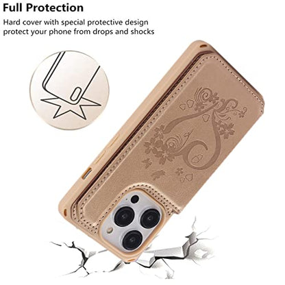 iCoverCase Compatible with iPhone 14 Pro Wallet Phone Case with Card Holder for Women, RFID Blocking Embossed PU Leather Wrist Strap Case 6.1 Inch (Heart Gold) - color: H-Gold