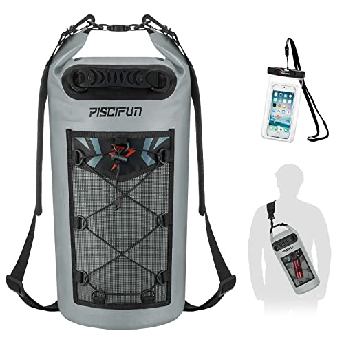 Piscifun Dry Bag, Waterproof Floating Backpack 10L/20L/30L/40L | Waterproof Phone Case, Adjustable shoulder straps, Roll-top closure keeps gear dry, Ideal for Boating, Kayaking, Fishing - color: Grey, style: 10l