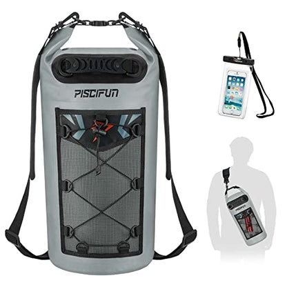 Piscifun Dry Bag, Waterproof Floating Backpack 10L/20L/30L/40L | Waterproof Phone Case, Adjustable shoulder straps, Roll-top closure keeps gear dry, Ideal for Boating, Kayaking, Fishing - color: Grey, style: 10l