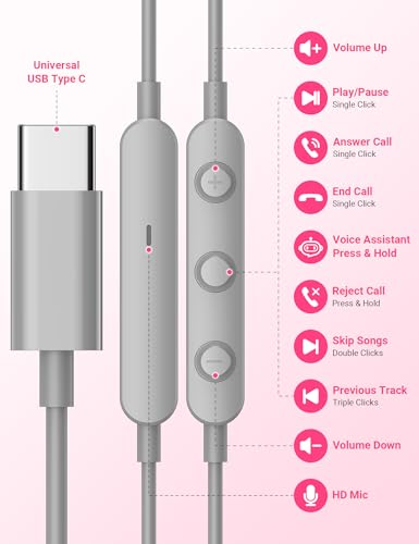USB C Earbuds with Microphone Cute in Ear Wired Headphone - color: Grey Pink