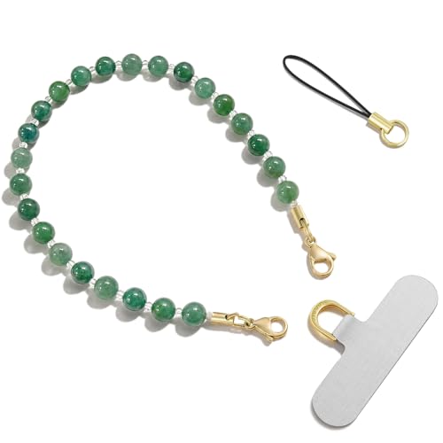 SURPHY Natural Stone Phone Charm, Beaded Phone Wrist Strap with Tether Tab - color: Aventurine Green