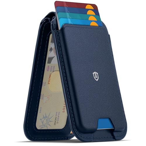SHIELDON Genuine Leather Magnetic Wallet Stand for MagSafe, Navy Blue | Strong Magnetic, 6 Card Holders, Kickstand, Rfid Blocking, Quick-access, ID Window, for iPhone 17/16/15/14/13/12 Series - color: Navy Blue