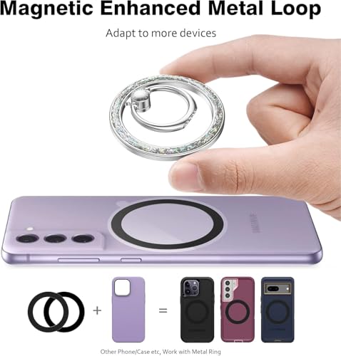 Allengel Magnetic Phone Grip for MagSafe, Magnetic Ring Holder Compatible with MagSafe Phone Ring, 360°Rotating Finger Kickstand for iPhone 16 Pro Max 15 14 13 12 Plus & Android Phone(Bling Silver) - color: Silver