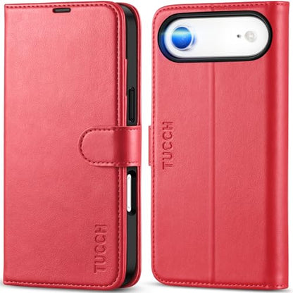 TUCCH Wallet Case for iPhone Air (6.5") 2025, 4 Card Slots, Red | RFID Blocking, Viewing Stand, Shockproof TPU Shell, PU Leather, Magnetic Closure, Protective Folio Flip Cover - color: Red