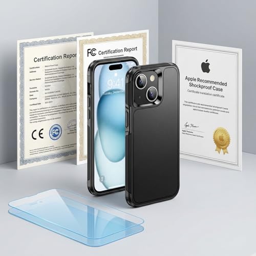for Apple Recommend Shockproof iPhone 15 Case,[15 FT Military Grade Drop Protection],with 2X [Kevlar® 9H Glass Screen Protector] Air Bumpers Full-Body Protective Case (Black, iPhone 15) - color: Black