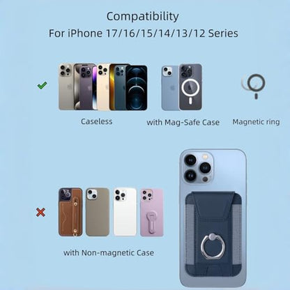 Magnetic Card Wallet Holder For Magsafe Wallets with Grip, 7 Cards Holder RFID Blocking, Ring Stand Stick on Wallet, Leather Magnetic Phone Wallet with Privacy Flap - color: Deep Blue elastic circular support
