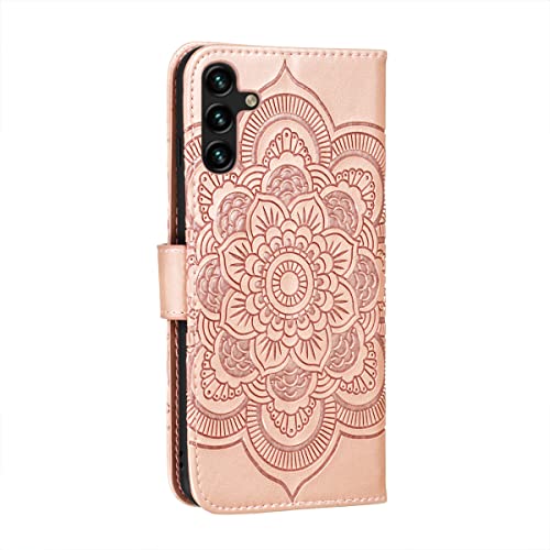 EYZUTAK Case for Samsung Galaxy A15 4G/5G, Premium Leather Magnetic Closure Flip Wallet Phone Case with Card Holder Cash Slot Stand Function Embossed Mandala Flower Shockproof Lanyard Cover -Rose Gold - color: Rose Gold, size: Samsung Galaxy A15 4G/5G