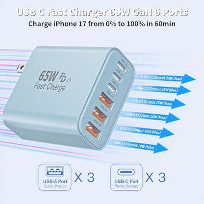 3Pack 65W USB C Charger Block,Apple USB C Charging Block 6-Port GaN Charger - color: Blue, size: 3Pack