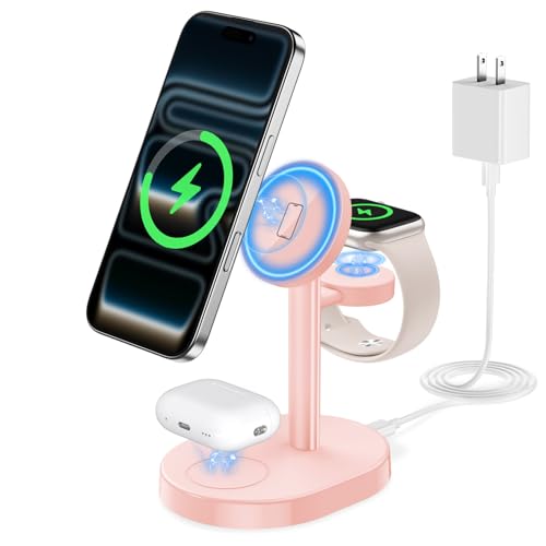 Mag-Safe Charger 3 in 1 Charging Station for iPhone Apple Watch AirPods - color: Pink, size: 15W