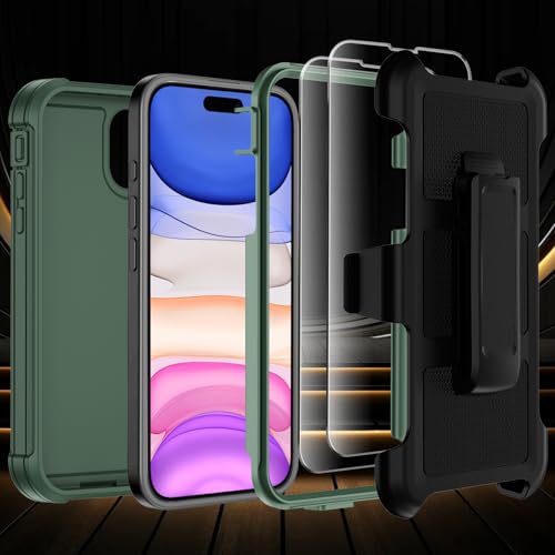 for iPhone 11 Case with Belt Clip Holster,Anti-Drop Shockproof Bumper Phone Cases w/2x Screen Protectors & Kickstand,Rugged Heavy Duty Military Grade Protective Defender Cover (Dark Green) - color: Dark Green W/Belt Clip