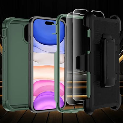 for iPhone 11 Case with Belt Clip Holster,Anti-Drop Shockproof Bumper Phone Cases w/2x Screen Protectors & Kickstand,Rugged Heavy Duty Military Grade Protective Defender Cover (Dark Green) - color: Dark Green W/Belt Clip