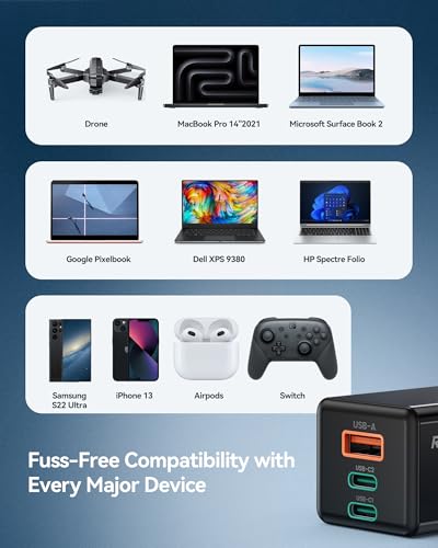 Ruko 65W USB C Charger with Cable, 3-Port GaN Fast Charger - size: Charger with Cable
