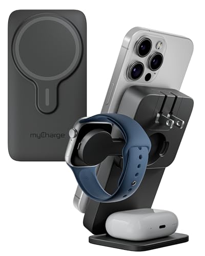 myCharge EcoHub 3-in-1 Magnetic Wireless Charger & Battery Pack for iPhone, iWatch, AirPods - 6,000mAh Battery | Built-in Wall Plug | 15W Magsafe Wireless Output | Foldable | Charging Station | Black