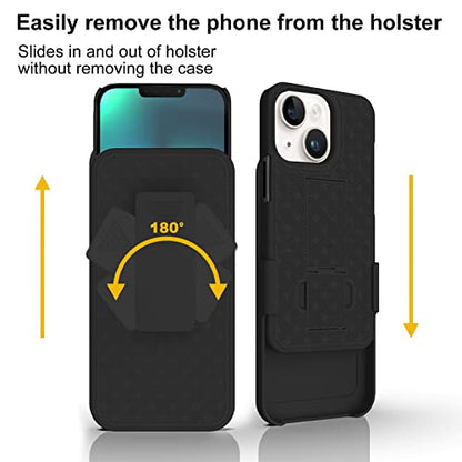 for iPhone 14/13 Belt Clip Holster Case, Screen Protector-Black | Swivel Kickstand Holder, Slim Shell Slide Pouch Full Body Protective, Rugged Heavy Duty Shockproof Outdoor Cell Phone Cover - size: iPhone 14