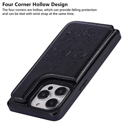 iCoverCase Compatible with iPhone 14 Pro Wallet Phone Case with Card Holder for Women, RFID Blocking Embossed PU Leather Wrist Strap Case 6.1 Inch (Heart Black) - color: H-Black