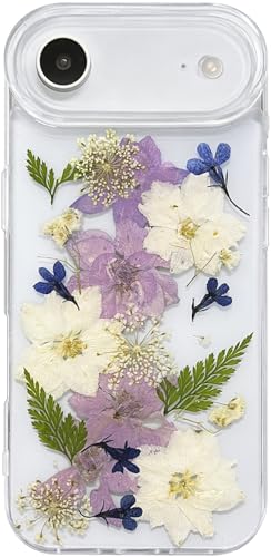 Abbery for iPhone 17 Air Case Cute Clear with Dry Real Flower Design Soft TPU Aesthetic Shockproof Women Girly Trendy Navy Blue White Purple Floral Protective Phone Case for iPhone Air - color: Navy Flower, size: for iPhone Air