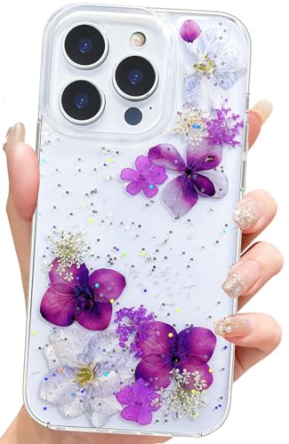 Abbery for iPhone 16 Pro Flower Case Cute Clear Glitter Purple Blue Grape Floral Design, Bling Sparkle Soft TPU Dried Pressed Flowers Women Girls Girly Aesthetic Shockproof Protective Phone Cover - color: Glitter Purple, size: for iPhone 16 Pro