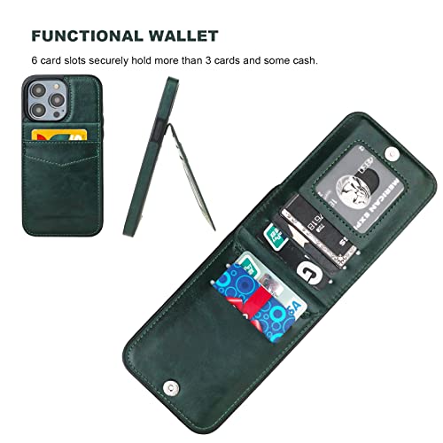 KIHUWEY for iPhone 14 Pro Max Wallet Case Card Holder Kickstand, Green | Credit Card Slots, PU Leather, Magnetic Clasp, Flip Heavy Duty Protection Cover for Men and Women - color: Green