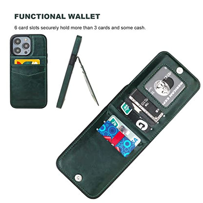 KIHUWEY for iPhone 14 Pro Max Wallet Case Card Holder Kickstand, Green | Credit Card Slots, PU Leather, Magnetic Clasp, Flip Heavy Duty Protection Cover for Men and Women - color: Green