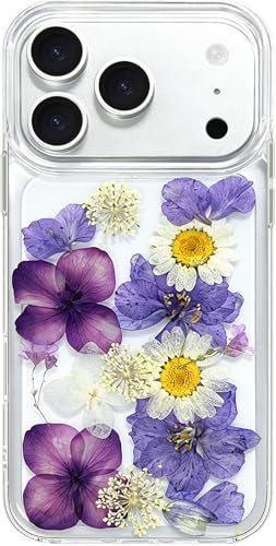 Abbery for iPhone 17 Pro Max Case Clear with Pressed Dry Real Flower Design Cute Soft TPU Shockproof Protective Women Girl's Slim Fit Purple Floral Phone Case for iPhone 17 Pro Max - color: Purple Flower, size: for iPhone 17 Pro Max