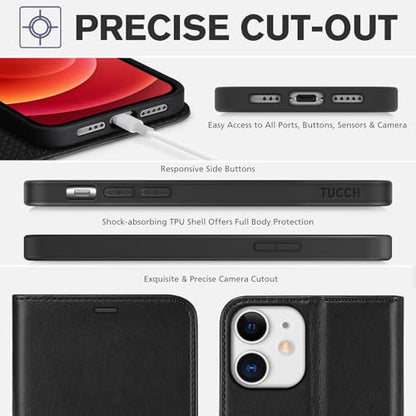 TUCCH Wallet Case for iPhone 12 Pro/iPhone 12 (6.1"), 3 Card Holders, Black | RFID Blocking, Viewing Stand, Shockproof TPU Shell, PU Leather, Magnetic Closure, Protective Folio Flip Cover - color: Black