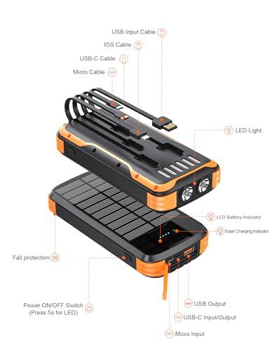 MINRISE Solar Power Bank 40000mAh, Portable Charger PD 20W Fast Charging - color: Orange-black