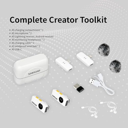 Dual Wireless Lavalier Microphone for iPhone Android, 2 Receivers - color: white and silver