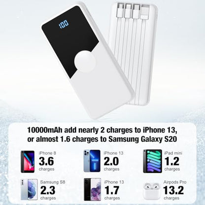 Portable Charger with Built in Cables,High Speed Power Bank 10000mAh Travel Battery Pack 5 Outputs 3 Inputs Portable Phone Charger Backup Battery for iPhone, Samsung, iPad,Tablets (White) - color: White