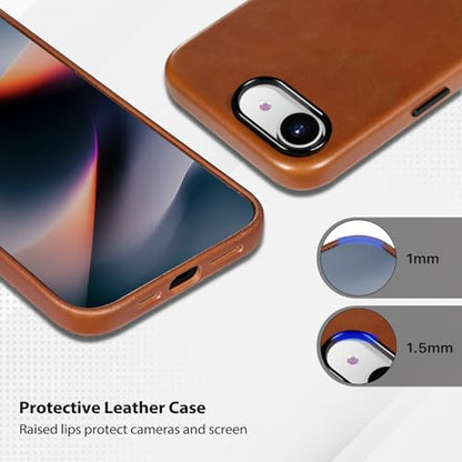 Belemay Handcrafted Full-Grain Vegetable-Tanned Leather Case for iPhone 17e / iPhone 16e, Compatible with MagSafe, Two-Tone Effect, Natural Patina, Metal Buttons Luxury Cover (6.1"), Saddle Brown - color: Saddle Brown