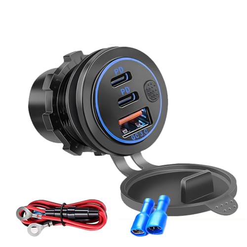 3 Ports 18W USB Car Charger with Switch, 12-24V QC 3.0 USB & Dual PD USB C Cigarette Lighter Socket Outlet, Dashboard Mount Quick Charge Charger for Car Motorcycle Truck Marine Boat (Blue) - color: Blue Light