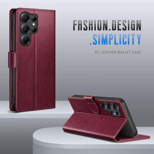 Wallet Case for Samsung Galaxy S25 Ultra, Wine Red | RFID-Blocking Card Holder, Kickstand, Magnetic Closure, PU Leather Folio Flip Cover, Protective Women Men Cases - color: Wine Red, size: Samsung Galaxy S25 Ultra