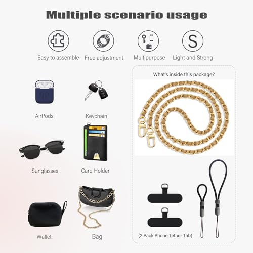 BFSD·DM Phone crossbody strap, 2× Pads,1× Leather Phone Strap,1× Phone Wrist Strap,1× Adjustable Finger Strap,Universal Crossbody Patch Phone Lanyards,Compatible with Most Smartphones(brown-48in) - color: Gold/Brown 48in