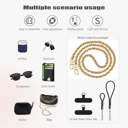 BFSD·DM Phone crossbody strap, 2× Pads,1× Leather Phone Strap,1× Phone Wrist Strap,1× Adjustable Finger Strap,Universal Crossbody Patch Phone Lanyards,Compatible with Most Smartphones(brown-48in) - color: Gold/Brown 48in