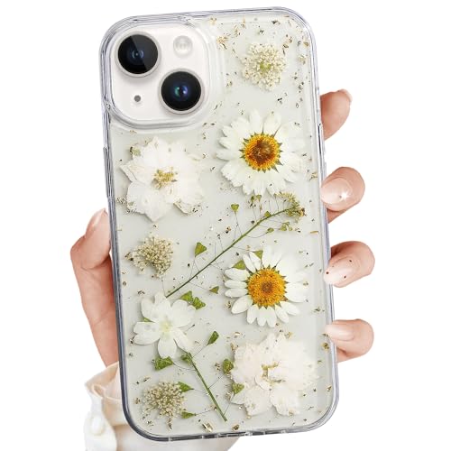 YUCHii for iPhone 14 Clear Case,Aesthetic Floral Phone Case with Pressed Real Flowers Design,Glitter Cute Floral Pattern Women's Phone Case Slim Soft TPU Protective Girl's Phone Cover for iPhone 14 - color: White Yellow, size: iPhone 14