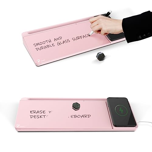 TOWON Glass Desk Whiteboard 17x6 in, Wireless Charger and Storage, Pink - color: Charger Pink