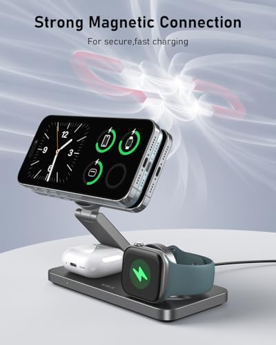 VBA 3 in 1 Wireless Charging Station for Apple MagSafe Charger,Foldable Fast Charging Magnetic Wireless Charger Stand,Travel Charger for iPhone 17 Air 16 15 14 13 12,Apple Watch,AirPods (Black) - color: Black