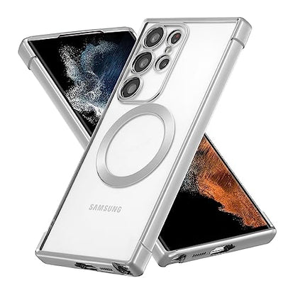 RALEAVO Magnetic Case for Samsung Galaxy S24 Ultra Clear Case Cover [Compatible with Magsafe & Military Grade Drop Protection] Transparent Shockproof Slim Plated Phone Cover - Silver - color: Silver, size: S24 Ultra