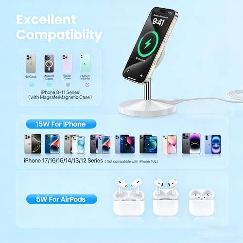 Magnetic Wireless Mag Safe Charger iPhone Stand,Magnet Wireless iPhone Charger Stand 6FT Fast Mag-Safe Charging Station Pad for Apple iPhone 16 Pro Max/16/16 Plus/15 Pro Max/14/13/12,AirPods Pro 2/3/4 - color: White