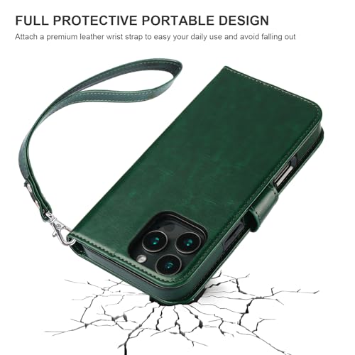Bocasal Detachable Wallet Case Card Holder for iPhone 16 Pro Max Green | RFID Blocking Kickstand Card Slots Holder PU Leather Magnetic Shockproof Wrist Strap Removable Flip Protective Cover 6.9 inch - color: Green